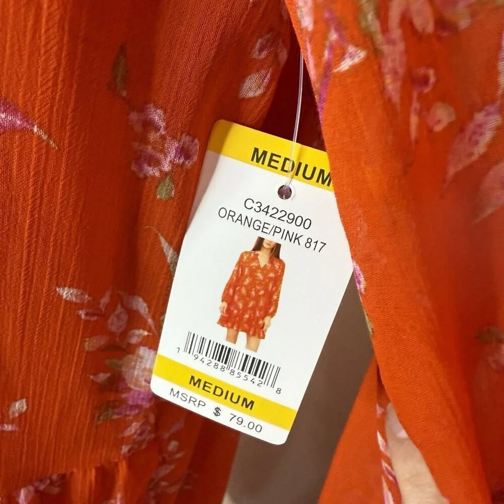 Vince Camuto Mini Short Floral Tiered Ruffle Shift Dress Orange NWT Sz M - Picture 4 of 10